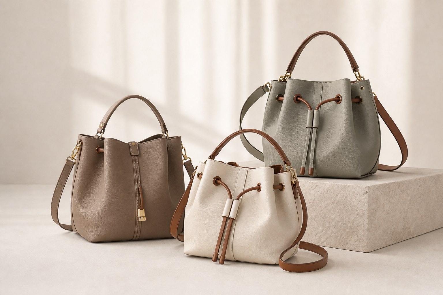 Bucket and soft tote bags for boutiques